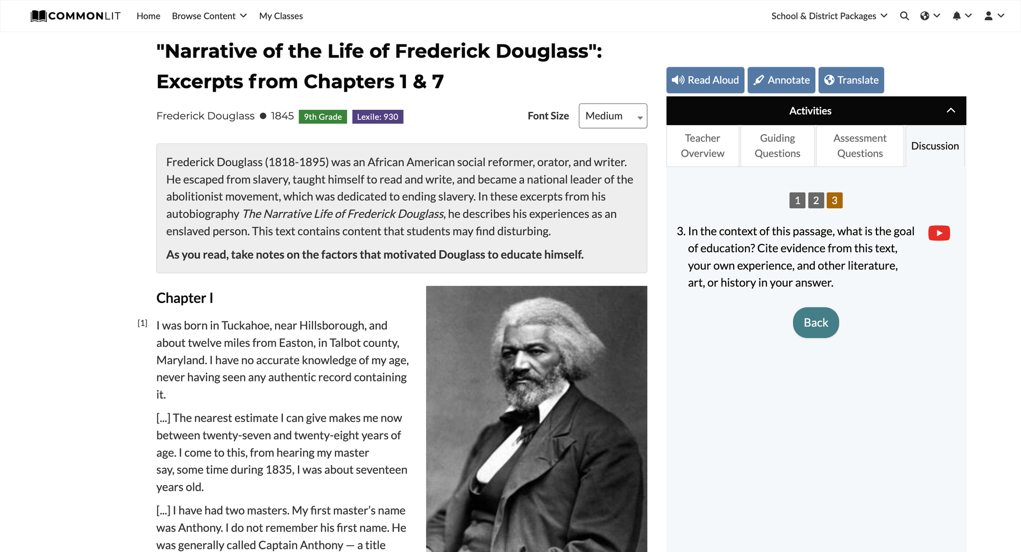 Screenshot of one of the best memoirs for high school students. It is about Frederick Douglass. On the right side there is a discussion question, designed to encourage high school students to delve deeper into the text.