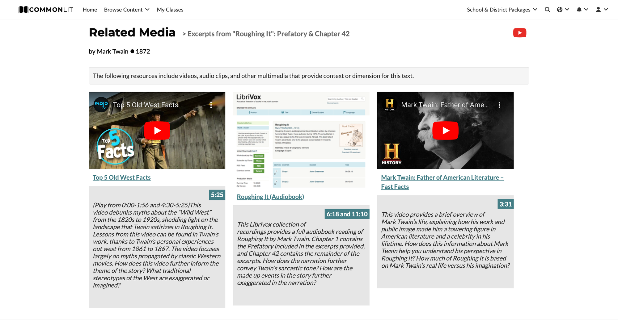 A screenshot of the Related Media tab linked with the lesson for Mark Twain's "Roughing It."