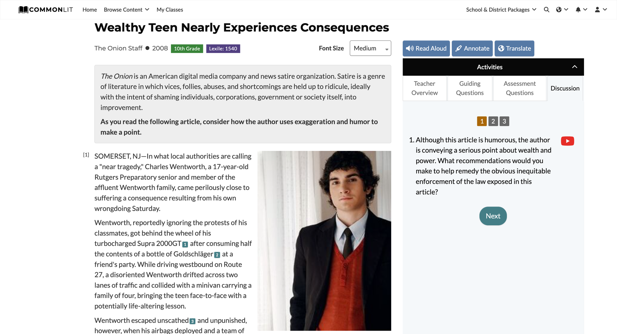 A screenshot of the satire article "Wealthy Teen Nearly Experiences Consequences" by The Onion Staff. On the right side there is a discussion question for 10th grade students to answer.